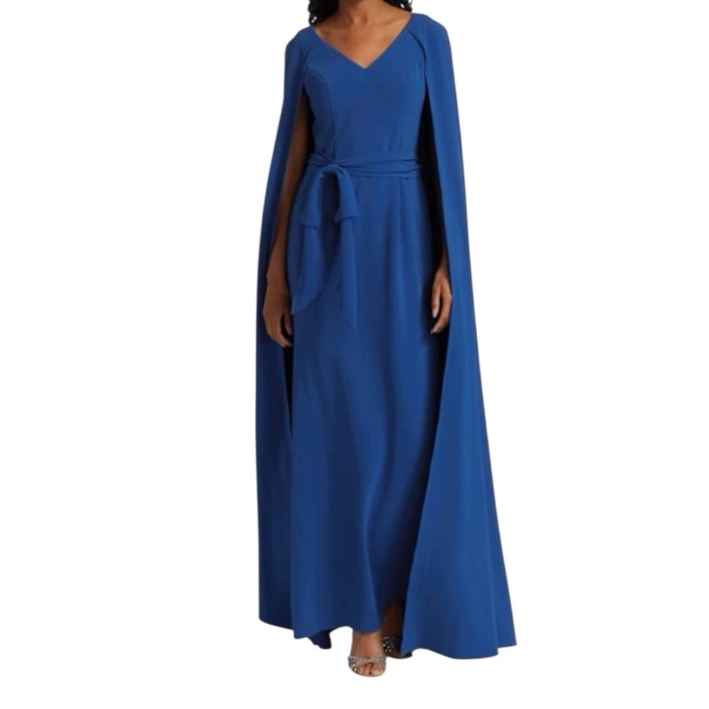 US 4 MARCHESA NOTTE Blue Cape Sleeve Crepe Caftan Gown Long Dress